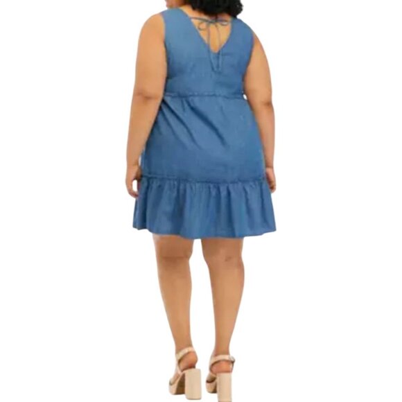 True Craft Womens Sleeveless Denim Tiered Dress Size L V-Neck & Back Tie Closure - Picture 3 of 16